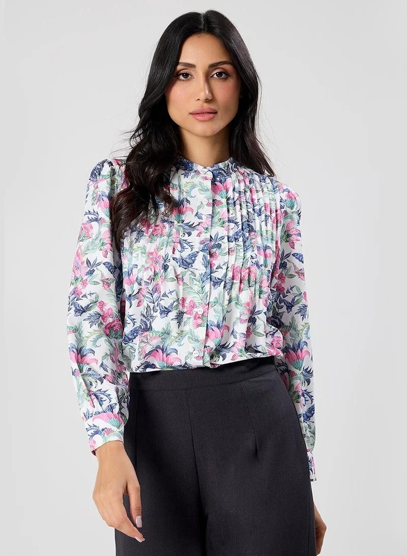 Zigzag Pintuck Detailed Sleeve White Printed Top